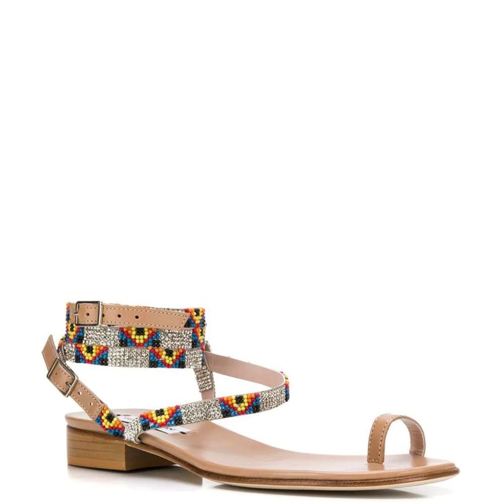Leandra Medine Beige Leather Embellished Sandals